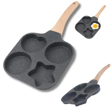 Imagem de Frigideira Antiaderente Multifuncional 4 Divisórias, 19cm, Cabo de Madeira, para Ovos, Hambúrgueres e Panquecas