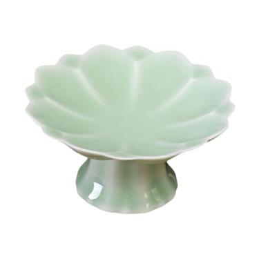 Imagem de Fenteer Prato de cerâmica com base em formato de lótus, centro de mesa pequeno, fruteira, sobremesa, suporte para exposição, cozinha, sala de estar, Cyan Green