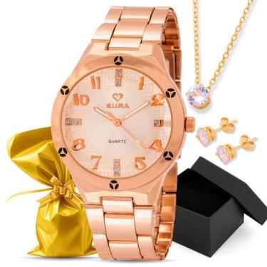 Imagem de Kit Relógio Eura Rose Feminino Detalhe Na Caixa + Colar e Brinco, Rose