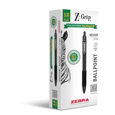 Imagem de Zebra Pen Canetas esferográficas retráteis recicladas Z-Grip, 1,0 mm, tinta preta, clipe de metal durável, 68% recicladas, pacote com 12 (20610)