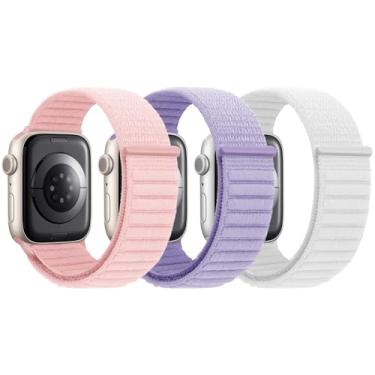 Imagem de Pulseira de nylon compatível com Apple Watch séries 9, 8, 7, 6, 5, 3, 2, 1 e SE, para meninos e meninas (42/44/45 mm, rosa pérola + lilás + branco)