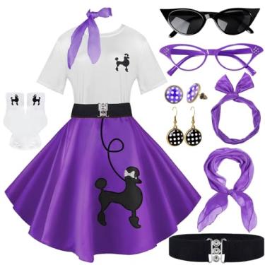 Imagem de 10 peças de roupas femininas, saias poodle dos anos 1950, camiseta poodle com acessórios dos anos 50, meias, cachecol, faixa de cabeça, brinco de cinto, Roxa, Large