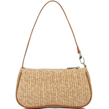 Imagem de NIUEIMEE ZHOU Bolsa de ombro de palha feminina de tecido para praia, bolsa de mão nas axilas, Caqui