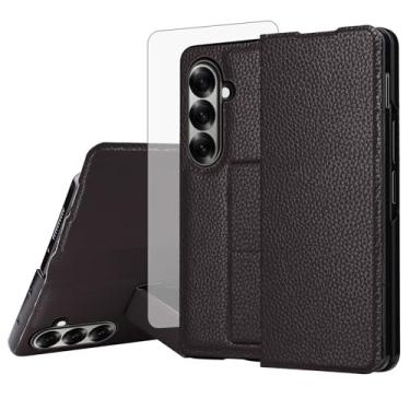 Imagem de Furiet Capa de celular para Samsung Galaxy Z Fold 7 com película protetora de tela de vidro temperado, alça de pulso integrada, antiderrapante, fina, de couro PU, suporte à prova de choque para ZFold