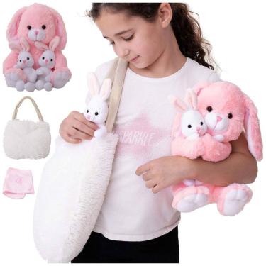 Imagem de Kit 3 Coelhos de Pelúcia Mamãe Rosa Macia e Fofa, 2 Coelhinhos Brancos com Cobertor e Bolsa, Perfectto Design