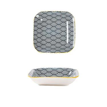 Imagem de Prato de serviço prato quadrado de café da manhã, prato de salada de sobremesa sob vidrado, prato de cerâmica à prova de calor para bife de macarrão, pratos de padrões variados (cor: D, tamanho: M)