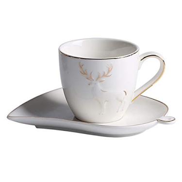 Imagem de Caneca 150 ml Conjunto de Xícara de Café e Pires com Decoração Graciosa Alce Alce e Bordas Douradas Porcelana Espresso Copos e Colheres Caneca de Café (Cor: Ouro)