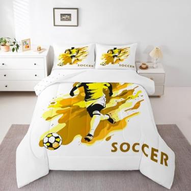 Imagem de jejeloiu Jogo de cama infantil de futebol amarelo, conjunto de edredom esportivo de rúgbi, para meninos e meninas, jogo de bola de futebol, para decoração de quarto de adolescentes, 3 peças