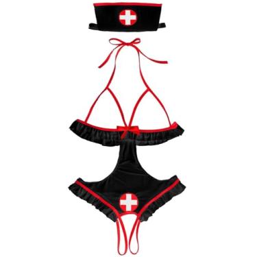 Imagem de Lingerie sexy de uma peça para mulheres, sutiã transparente, fantasia de enfermeira, mini body