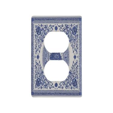 Imagem de Blueangle Placa de parede frente e verso estilo porcelana azul e branca, tamanho padrão, placas de cobertura de tomada elétrica de 1 gangue para decoração de quarto de escritório em casa, 4,53 x 2,76
