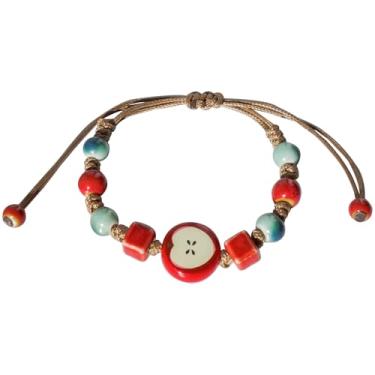 Imagem de Zlanderah Pulseira feminina Boho com cordão de maçã vermelha, hippie, contas vermelhas e azuis, joia temática de maçã, presente para aniversário, Natal