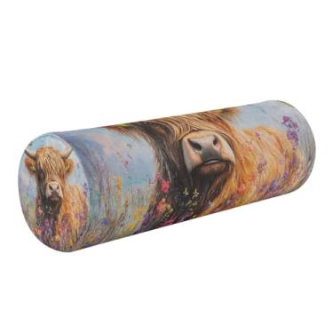 Imagem de Burbuja Almofada redonda cilíndrica de flores silvestres de vaca para alívio da dor no pescoço, almofada de viagem cervical de espuma viscoelástica com capa lavável removível para cama, cabeça e