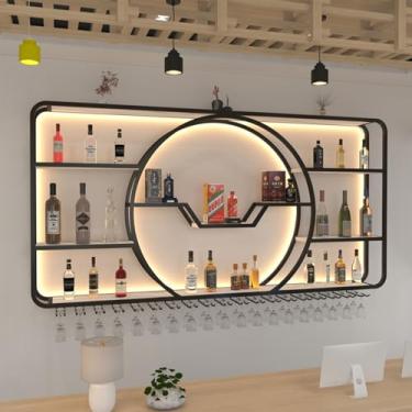Imagem de Rack de vinho de metal de 3 níveis montado na parede moderno com luz LED com suporte para copo de vinho grande prateleira de exibição de barra de bebidas, prateleira de exibição de garrafa de bar