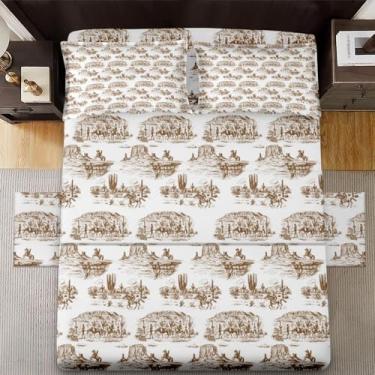 Imagem de WeCozy Jogo de lençol casal com fronhas, caubói do deserto americano, 4 peças, roupa de cama de microfibra macia para crianças e adultos, lençol com elástico para decoração de cama de quarto