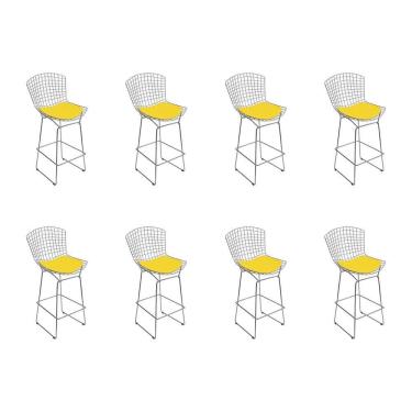 Imagem de Kit 8 Banquetas Bistrô Bertoia Cromada D80 Com Assento Sintético Amarelo