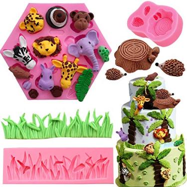 Imagem de Moldes de fondant de animais safári da selva, floresta animais selvagens silicone chocolate topo de bolo molde de decoração de bolo Gumpaste ferramentas de artesanato de açúcar (elefante leão girafa macaco zebra ouriço grama)