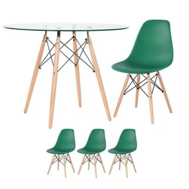 Imagem de Mesa Redonda Eames Com Tampo De Vidro 100 Cm + 3 Cadeiras Eiffel Dsw Verde Escuro