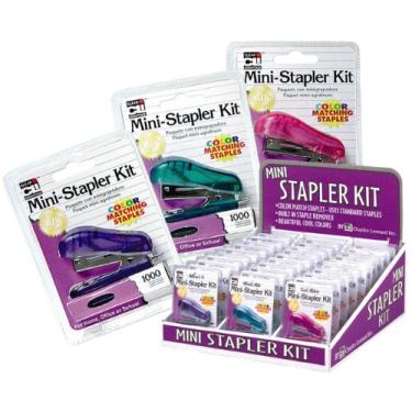 Imagem de Charles Leonard Kit de mini grampeador com 1000 grampos de cores, cores transparentes sortidas (10 cada: rosa, roxo e azul-petróleo), 30 unidades (pacote com 1) (82000-)