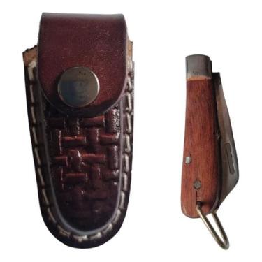 Imagem de Kit Mini Bainha Couro E Canivete Aço Carbono Chaveirinho - DRC, Marrom