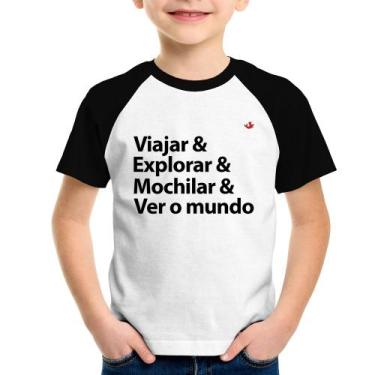 Imagem de Camiseta Raglan Infantil Viajar & Explorar & Mochilar & Ver o mundo - 