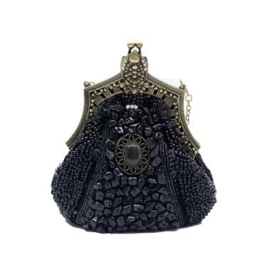 Imagem de CORIOS Bolsa feminina vintage da década de 1920 com contas de pérola, bolsa clutch de lantejoulas e strass, bolsa de casamento, Preto, Large