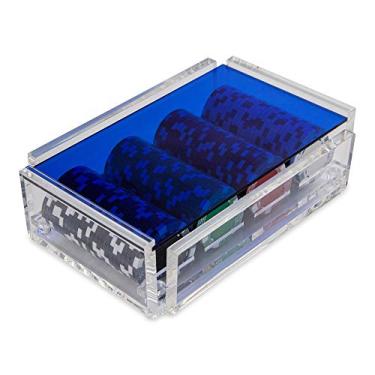 Imagem de Luxe Dominoes Conjunto de fichas de pôquer La Ficha, 100 fichas resistentes pesadas, inclui 4 fichas coloridas para jogos de azar, caixa de acrílico feita à mão com tampa colorida (azul)