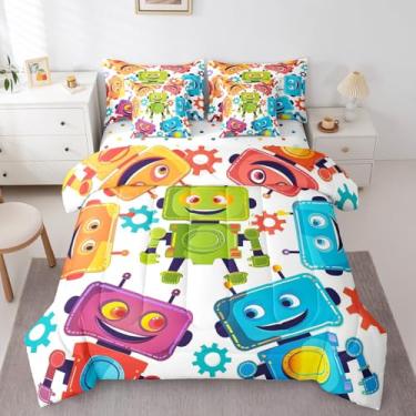 Imagem de Jogo de cama solteiro, 7 peças, robôs coloridos, máquina inteligente, desenho animado, robô de ficção científica, reversível, lençol de cima + lençol com elástico + 2 fronhas + 2 fronhas