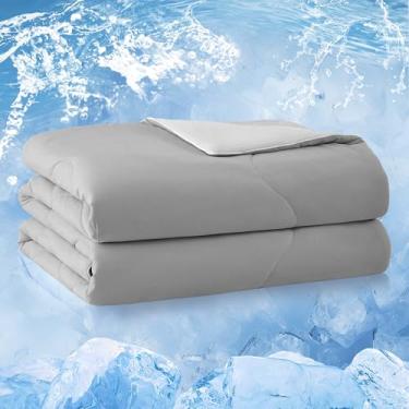 Imagem de BOLINLIVING Edredom refrescante tamanho queen, cobertor respirável para quem dorme quente à noite, tecido de tecnologia fria de dupla face Q-max 0,4, edredom de verão leve cinza 222 x 231 cm