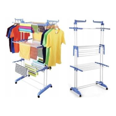 Imagem de Varal De Chão Grande De Roupas 3 Andares Dobrável Portátil (Azul)