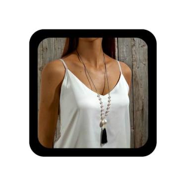 Imagem de TseanYi Bohemia Colar de suéter de corrente de borla longa colar grande de couro pérola colar com pingente de franja preta Y Drop Colares ajustáveis de pérolas colares de corrente para mulheres