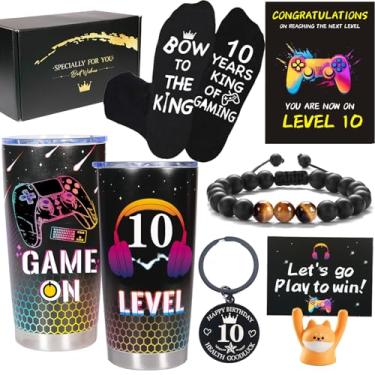 Imagem de Carselage - Copo Gamer de Aço Inoxidável 590 ml, Presentes para Meninos de 10 Anos, Conjunto de Aniversário com Meias, Pulseira de Olho de Tigre, Chaveiro, Clipe de Cachorrinho e Cartões Comemorativos