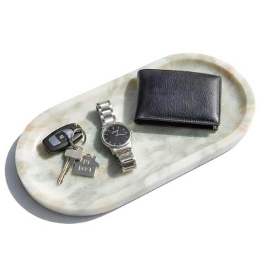 Imagem de DACHUN Bandeja de mármore natural para bancada de banheiro, com pés antiderrapantes, bandeja decorativa de pedra de mármore para banheiro/cozinha/penteadeira/cômoda/mesa de cabeceira (verde rosa, 30 x