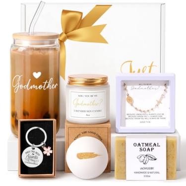 Imagem de iAOVUEBY Presente de pedido de madrinha de 7 peças, Will You Be My Godmother 473 g, copo de vidro, pulseira, chaveiro, vela, autocuidado, cesta de presentes para mulheres, presente de pedido de Deus