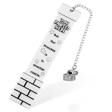 Imagem de Marcador de livro de metal engraçado, But Our Princess is in Another Castle Marcadores de livro de mosaico de desenho animado de aço inoxidável com caixa de presente marcador de leitura para mulheres