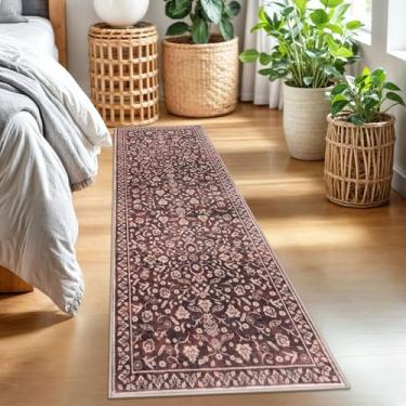 Imagem de SILOLOOM Tapete vintage 5 x 18 cm, bordô profundo lavável para corredores, tapete de corredor de cozinha super macio antiderrapante, tapete fino floral de lã sintética para corredor de cabeceira de