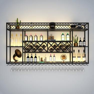 Imagem de HGTRH Prateleira para garrafas de vinho parede, garrafa vinho horizontal, garrafa de metal vinho parede industrial com suporte de crista com suporte de vidro para bares, sala de jantar e cozinha