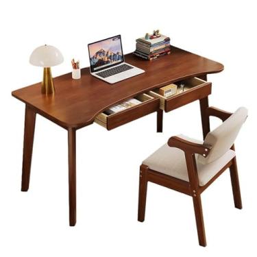 Imagem de Escrivaninha 100% de carvalho maciço, mesa de estudo de escrita com 2 gavetas de armazenamento, moderna e simples, mesa de escritório em casa, móveis modernos com mesa curvada para computador (sem