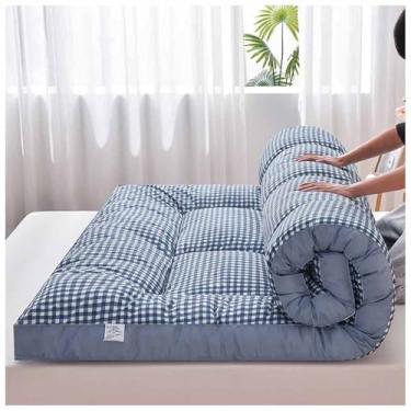 Imagem de Yadlan Colchão de chão estilo japonês, colchão portátil dobrável, colchão de acampamento adulto, sofá de acampamento, colchão de quarto de hóspedes, tapete de dormir tatame, grade azul 120 x 200 cm