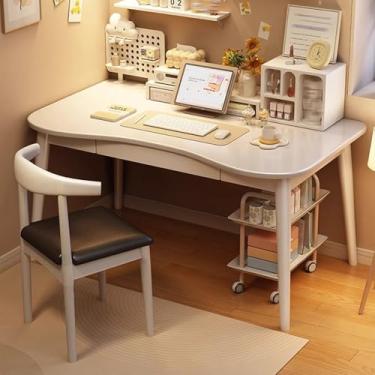 Imagem de Mesa de arte de madeira para crianças, mesa infantil de madeira maciça com armazenamento, bordas curvas, mesa de estudo infantil para quarto com perna de madeira maciça, mesa de computador espaçosa