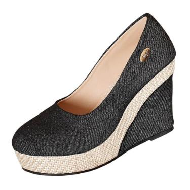 Imagem de Sapatos femininos de salto plataforma plataforma de bico redondo de primavera tamanho grande casual cor sólida jeans sem cadarço confortável uso diário, Preto, 36