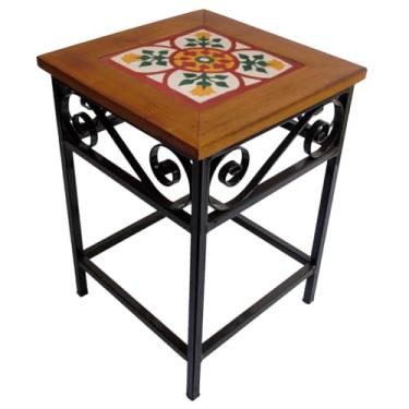 Imagem de Banco Rústico em Ferro e Madeira Maciça com Ladrilho Hidráulico – Banco Artesanal Decorativo Estilo Industrial para Cozinha, Sala e Área Gourmet (3, B2)