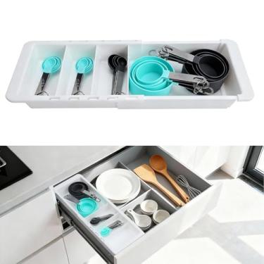 Imagem de Organizador de copos de medição expansível e organizador de colher de medição para gavetas profundas, organizador de gaveta de cozinha ajustável de 29 a 45 cm com 3 divisórias, caixa de talheres que