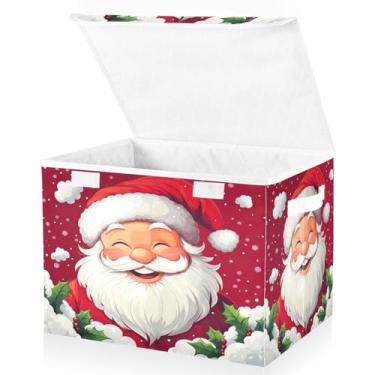 Imagem de Blueangle Cestos de armazenamento vintage de Papai Noel com tampas, 42 x 32 x 30 cm, grande cesta organizadora dobrável para decoração de escritório e armário (287)