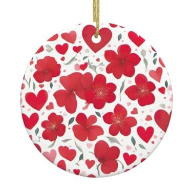Imagem de Dia dos Namorados Coração Vermelho Estampa Flor Natal Cerâmica Pendurado Redondo, Pingentes de Porcelana, Decoração Criativa de Natal