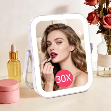 Imagem de FUNTOUCH Espelho de maquiagem de viagem com luzes, espelho de ampliação dupla face recarregável de 2000 mAh 10 X/1X, espelho portátil de beleza LED, iluminação regulável em 3 cores, pendurado para mão