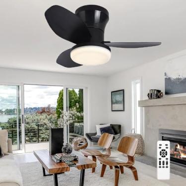 Imagem de Smacen Ventilador de teto LED com controle remoto, para sala de estar, quarto, sala de jantar, cozinha, banheiro (preto)