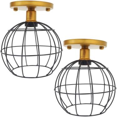 Imagem de 2 Lustres Teto Plafon Industrial Aramado Globo Preto Retrô Luminária Vintage Dourado Agp Ilumini
