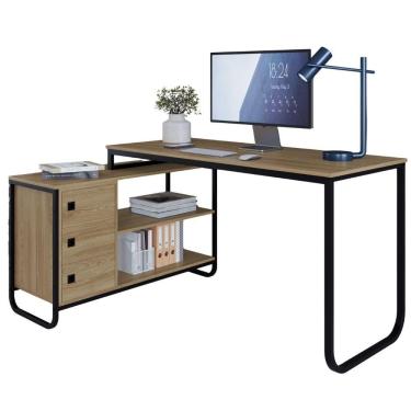 Imagem de Escrivaninha De Canto 3 Gavetas P1063 Oak Preto Pp Milani Store