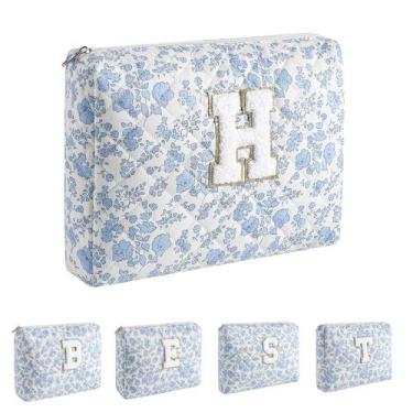 Imagem de Bolsa de cosméticos WHHJM Bolsa de viagem acolchoada floral azul