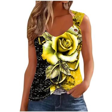 Imagem de Camisetas femininas sem mangas com estampa floral folgada para mulheres verão outono 2024 moda, X-53 amarelo mostarda, P